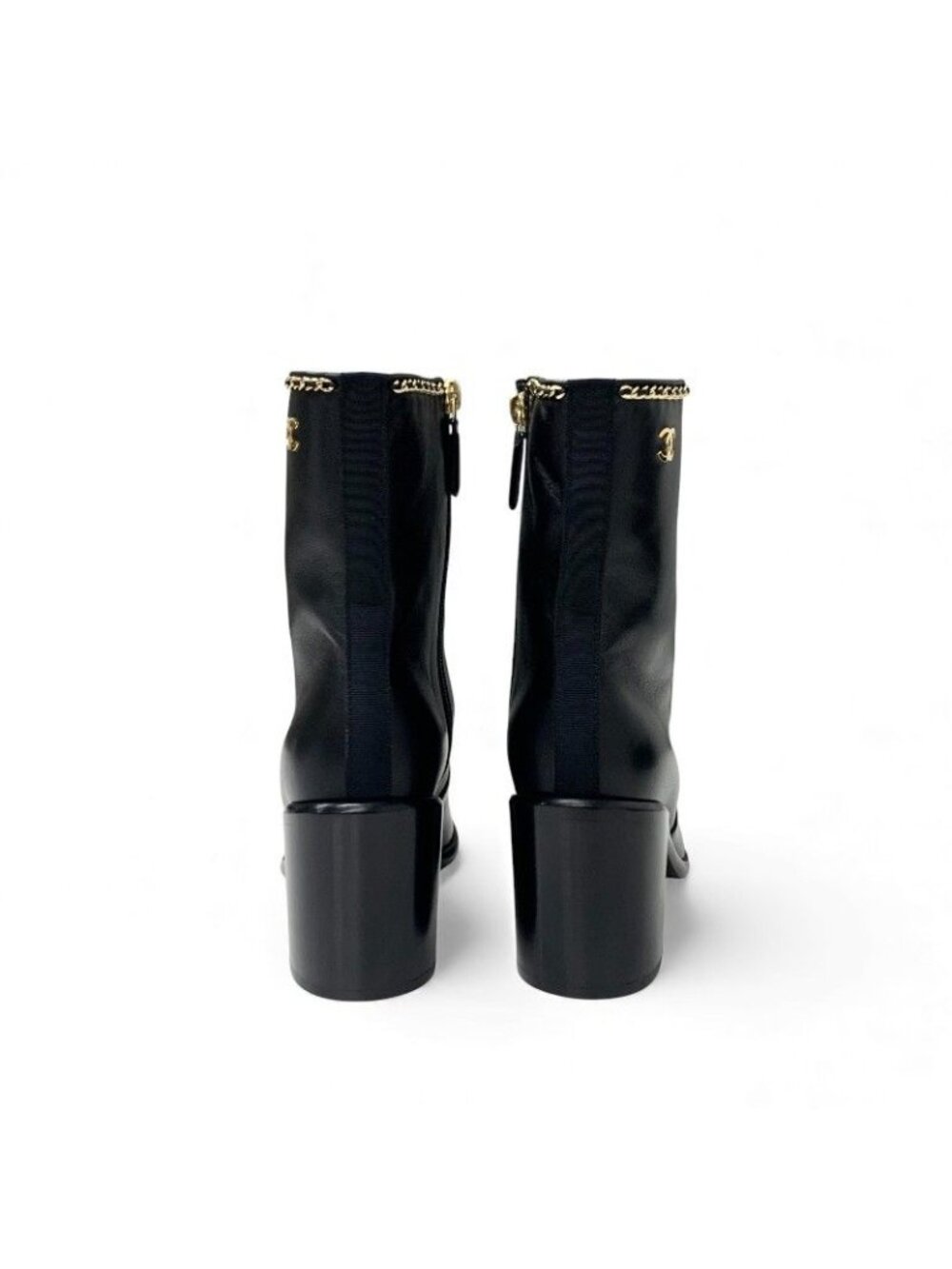 Chanel Short Boots Shoes Leather Fabric Black Gold CC Logo Chain - Picture 5 of 10